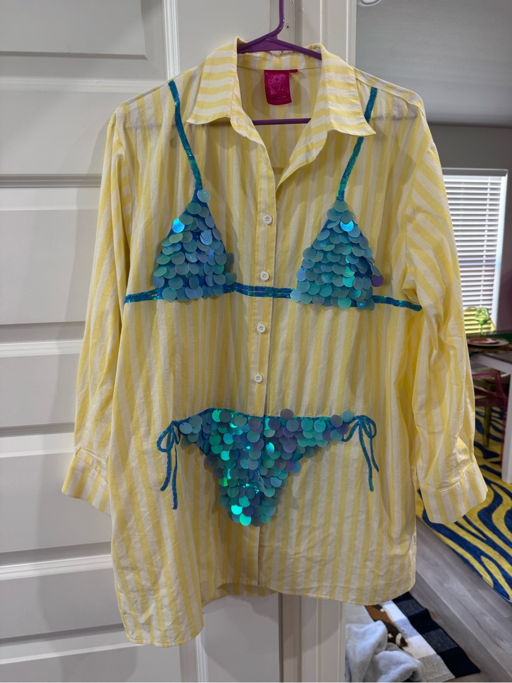 Dolce & Gabbana Yellow Striped Shirt with Turquoise Sequin Bikini Motif